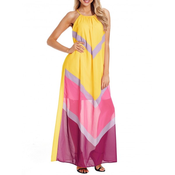 Color Block Sleeveless Chiffon Maxi Dress - Yellow S