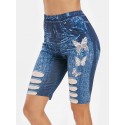 Butterfly 3D Jean Print High Waisted Cycling Shorts - Midnight Blue S
