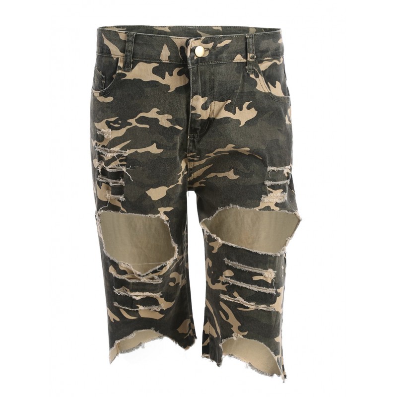 Camo Distressed Bermuda Shorts - Acu Camouflage S