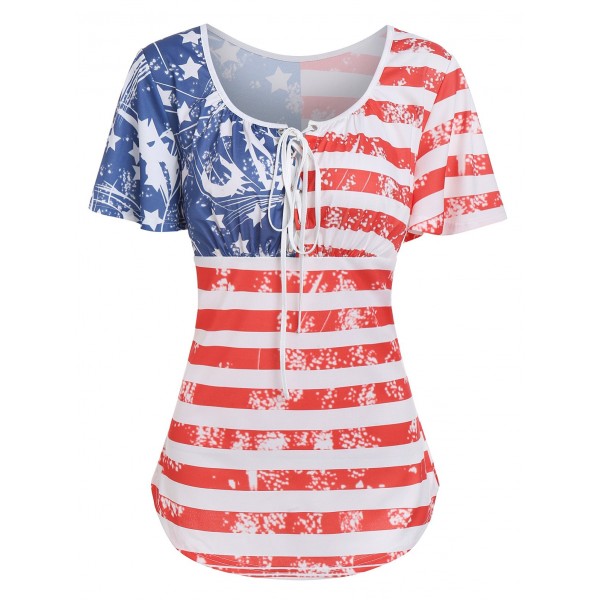 American Flag Printed Round Collar T Shirt - Multi-c M