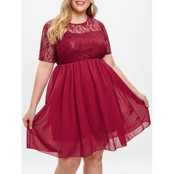 Lace Insert Plus Size A Line Dress - Red Wine 2x