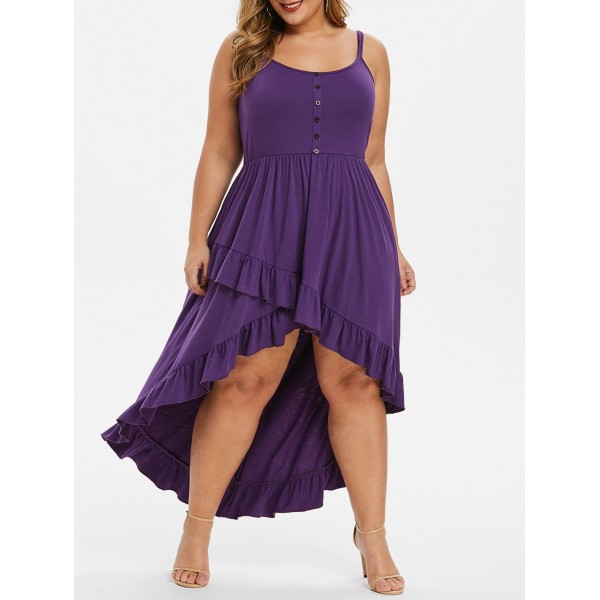 Buttoned Flounces High Low Plus Size Dress - Purple L