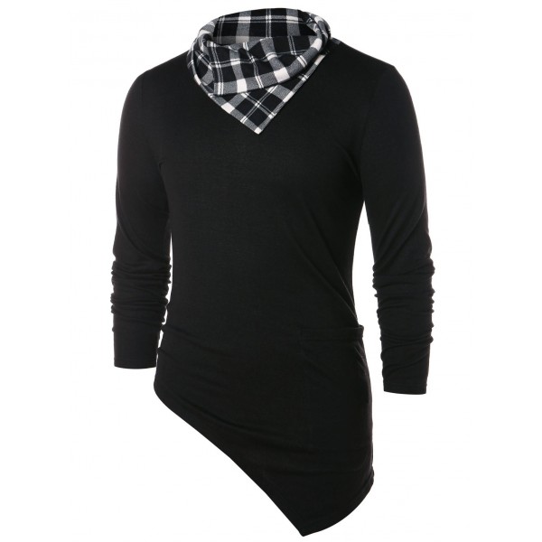 Asymmetric Checked Pattern Pile Heap Collar T-shirt - Black Xl