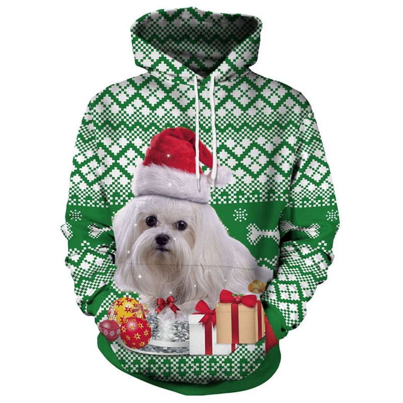 Christmas Dog and Gift Print Pullover Hoodie - Green M