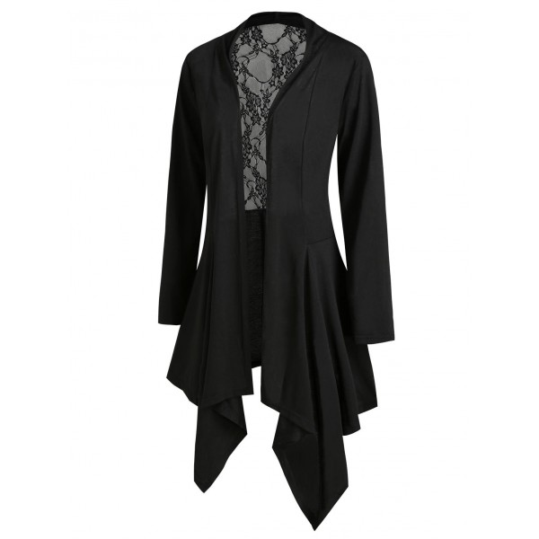 Lace Panel Open Front Handkerchief Plus Size Cardigan - Black 4x