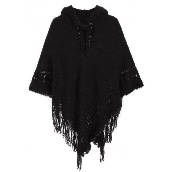 Fringed Lace Up Hooded Plus Size Poncho Sweater - Black One Size