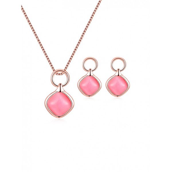 Artificial Opal Necklace with Earrings - Blush Red