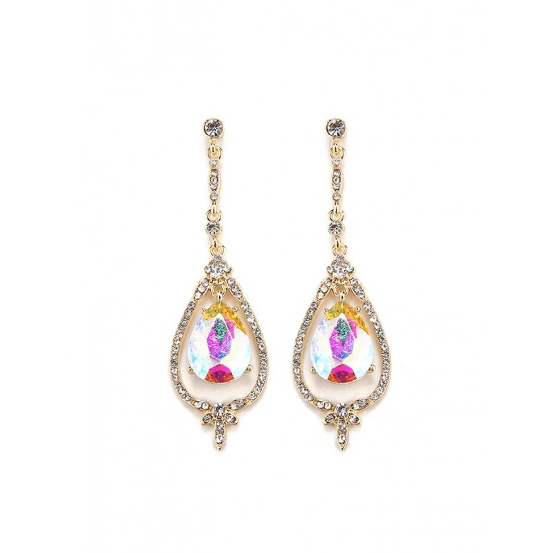 Water Drop Rhinestone Elegant Evening Earrings - Gold